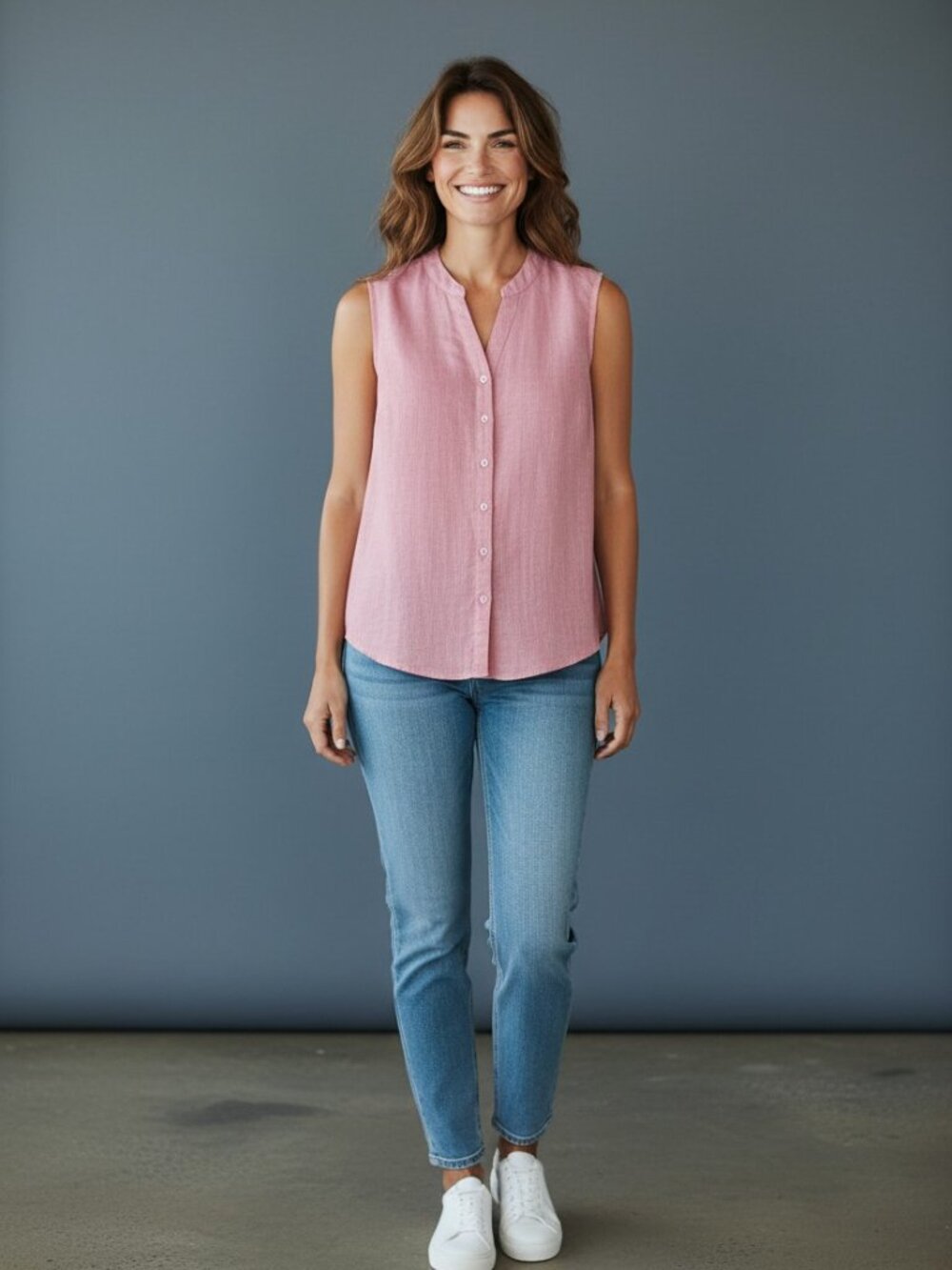 Weatherproof Pink Sleeveless Button-Front Linen-Blend Top